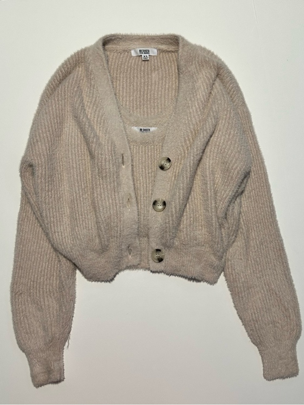 BB Dakota by Steve Madden Taupe Fuzzy 2 Piece Button Cardigan